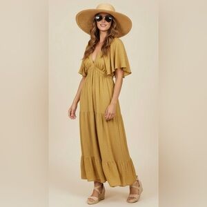 NEW Golden Hour Size Small Maxi Dress Flowy Tiered V Neck Flutter Sleeve Casual‎